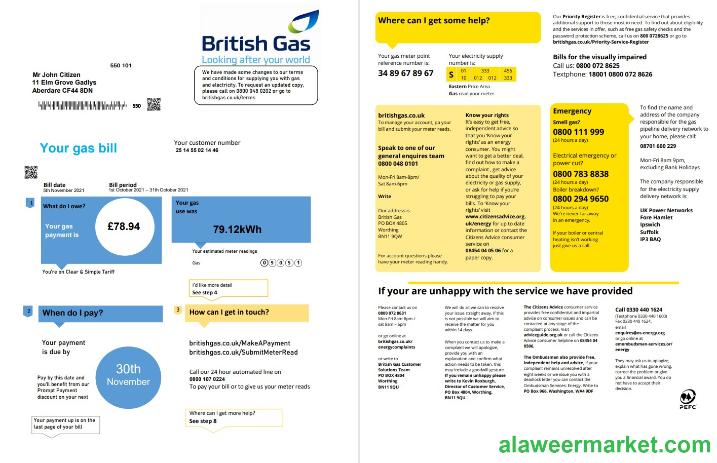 United Kingdom British Gas utility bill template in Word and PDF format fully editable (2 pages) version 1